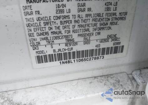 2005 Nissan Altima 3.5 Se z USA, uszkodzony, nr VIN 1N4BL11D65C278873